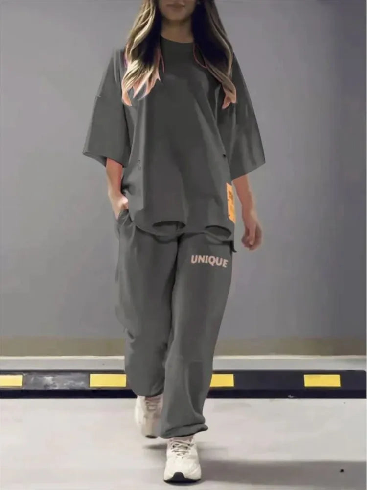 Maxy Summer New Fashion Hollowed Out O Neck T Shirt Women's 2 Piece Set Solid Color Casual Relaxed Tracksuit Pants Pocket Female Suit