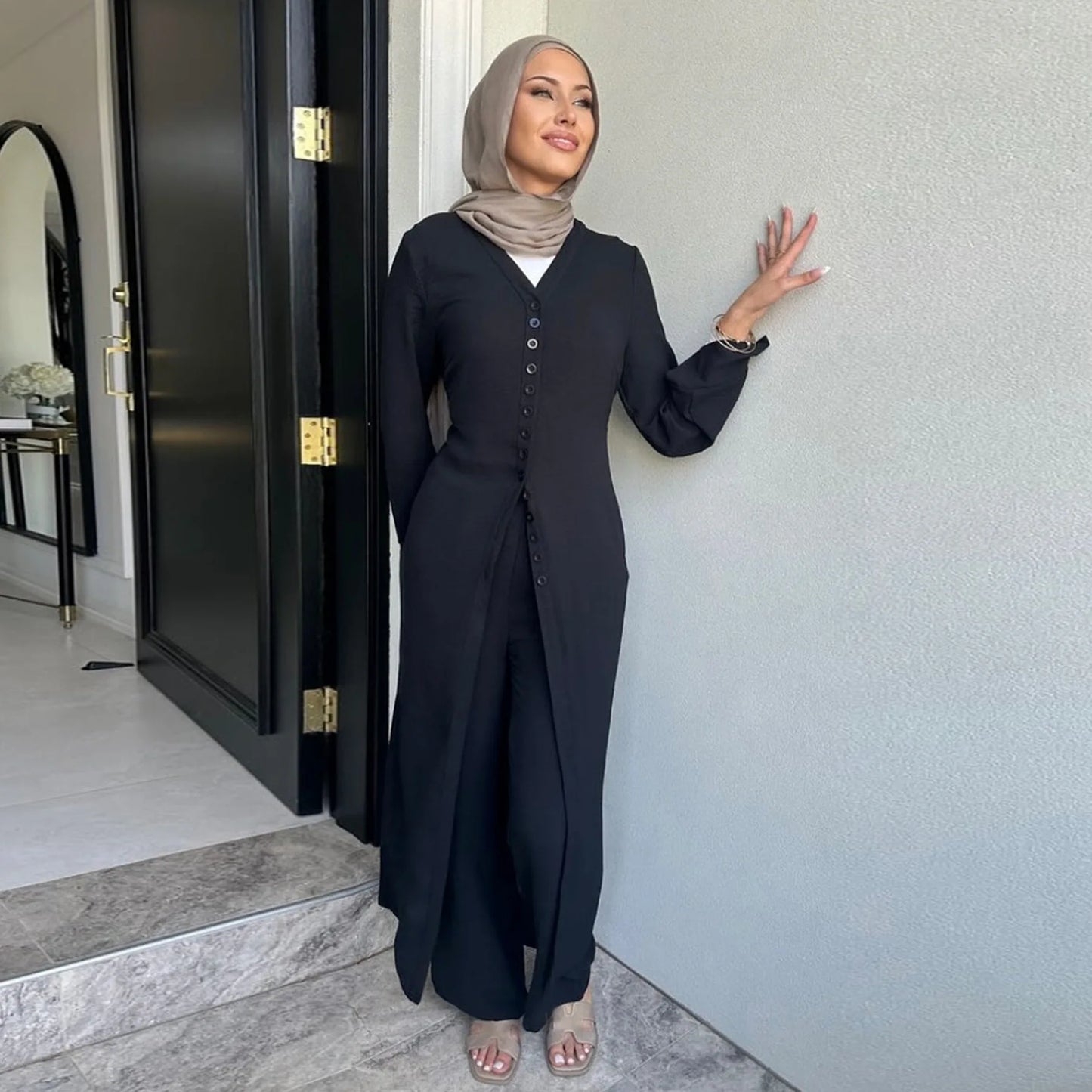 Maxy 2PCS Muslim Women Button Long Sleeve Tops Dress Pants Set Dubai Abaya Turkey Kaftan Arabic Outfits Eid Ramadan Islam Clothing