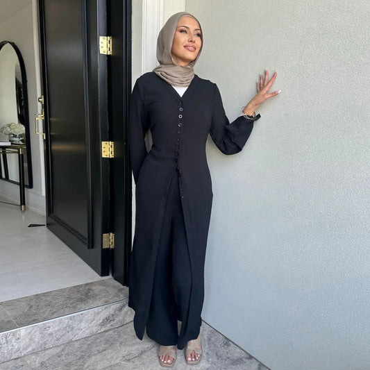 Maxy 2PCS Muslim Women Button Long Sleeve Tops Dress Pants Set Dubai Abaya Turkey Kaftan Arabic Outfits Eid Ramadan Islam Clothing