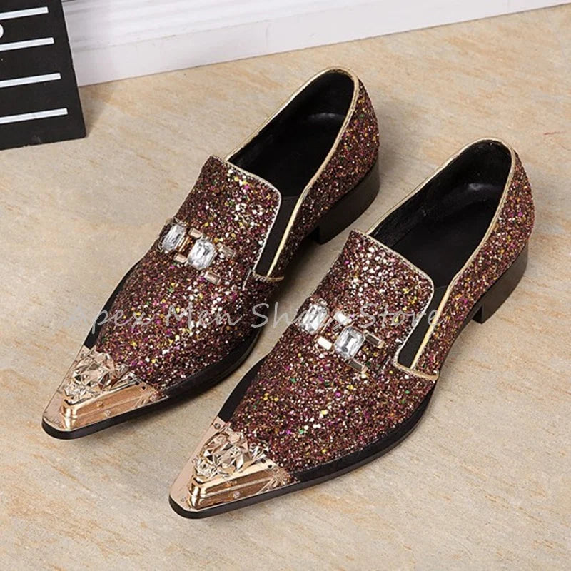 Visco Genuine Leather Rhinestone Sequin Men's Loafers Slip On Metal Pointed Bling British Dress Shoes Trendy Versatile Wedding Shoes