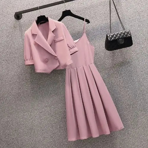Maxy Spring and Summer New Large Women's Dress Korean Style Suit Top+fashionable Slip Dress Suit Is Slim and Fashionable