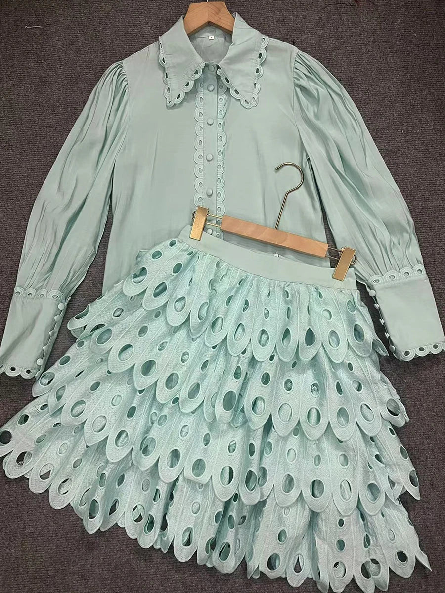 Maxy Solid Hollow Out Skirt Suit for Women Lapel Long Sleeve Shirt High Waist A Line Skirts Elegant Outfits Female Clothing