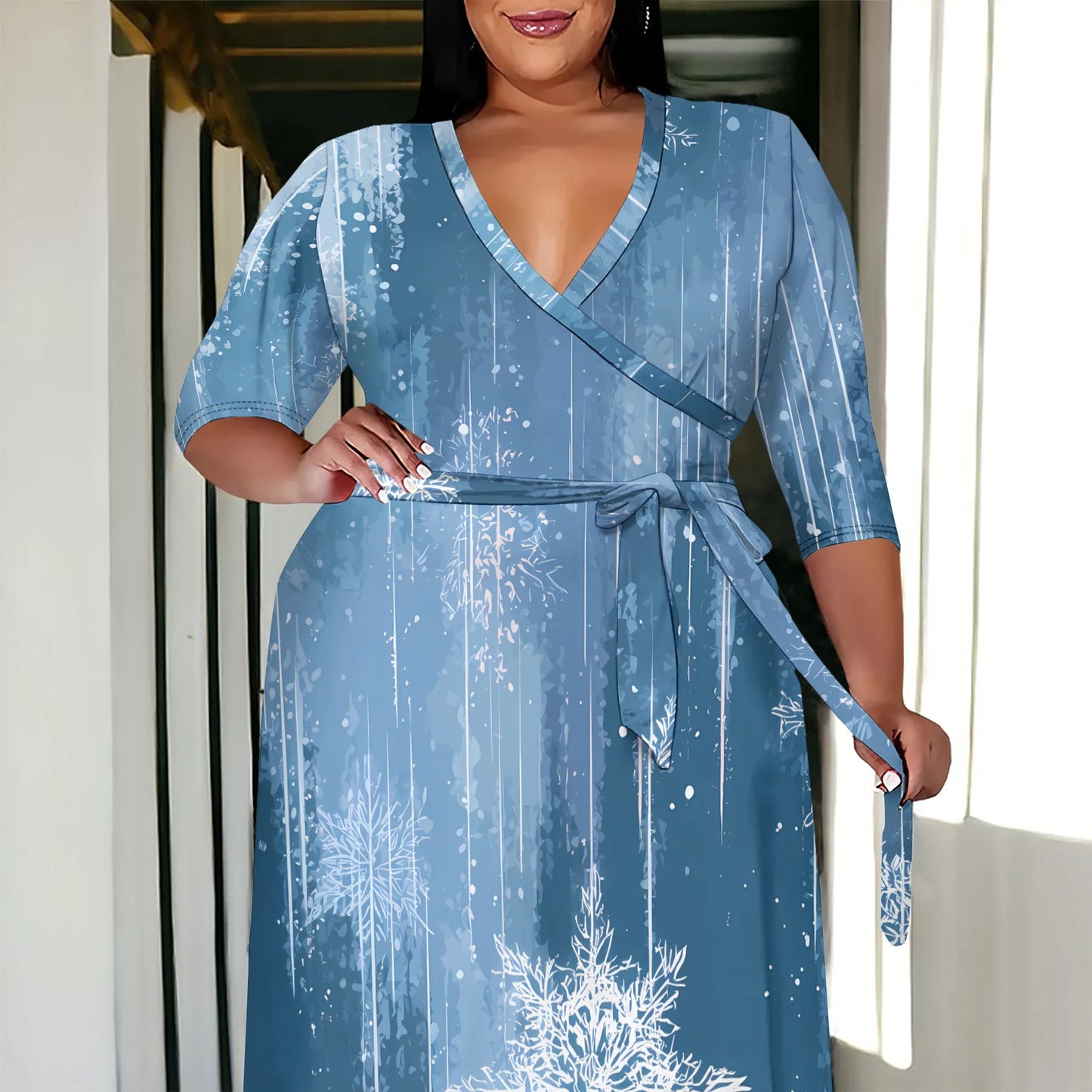 Maxy Plus Size Women's 3/4 Sleeve V-Neck Snowflake Print Wrap Maxy Dress Winter Elegant Party Dress