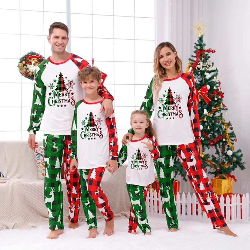 Maxy Family Loungewear Pjs Matching Set Christmas Tree Letter Print Long Sleeve Tops Elastic Waist Plaid Pants Sleepwear