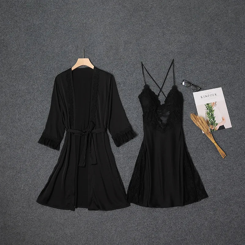 Maxy Lace Patchwork Kimono Bathrobe Set Female Sleepwear Twinset Robe Suit With Strap Nightgown Summer Perspective Nightwear Lingerie