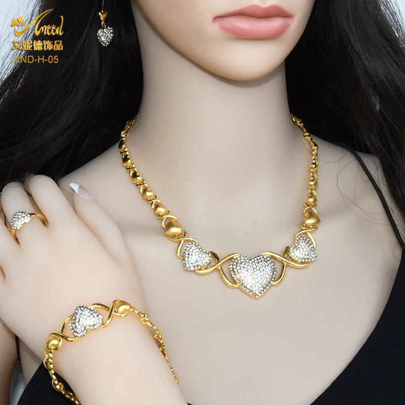 Maxy Women Gold Plated Jewelry Set Heart Necklace African Wedding Bangles Luxury Bridal