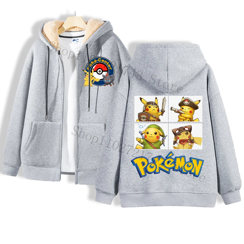 Maxy Pokémon Lamb Wool Coat for Men Women Pikachu Anime Cartoon Fashion Zipper Hooded Jacket Boys Girls Winter Warm Hip Hop Coats