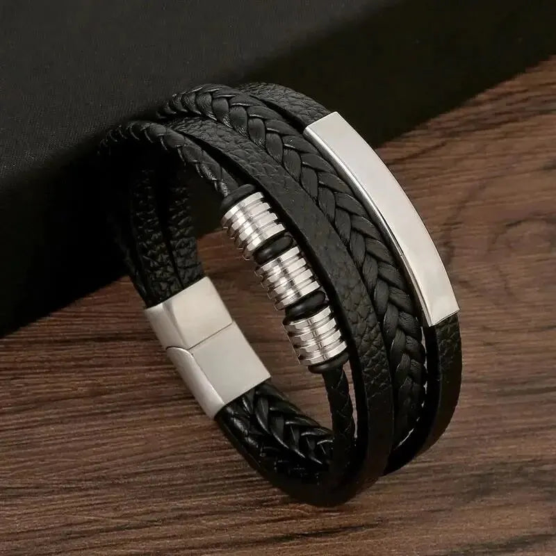 Maxy Multi Layers PU Leather Mens Magnut Closure Bracelet Waved Leather Gold Color Metal Tube Charm Fashion Mens Jewelry Hiphop