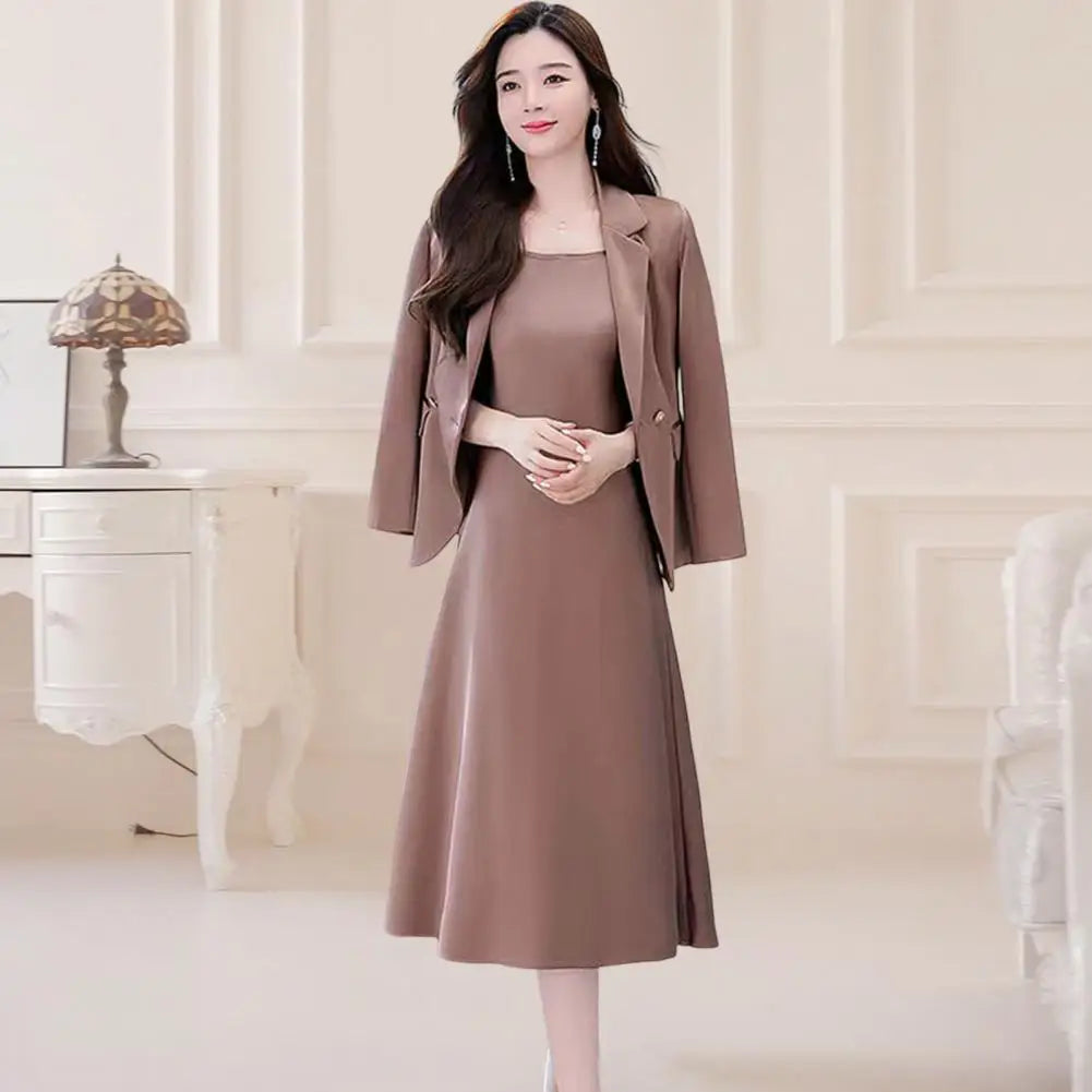 Maxy Women's Office Suit Fashion Blazer suit Simple Solid Color Spring Summer Half Sleeve Top + Dress 2 Piece Set Blazer