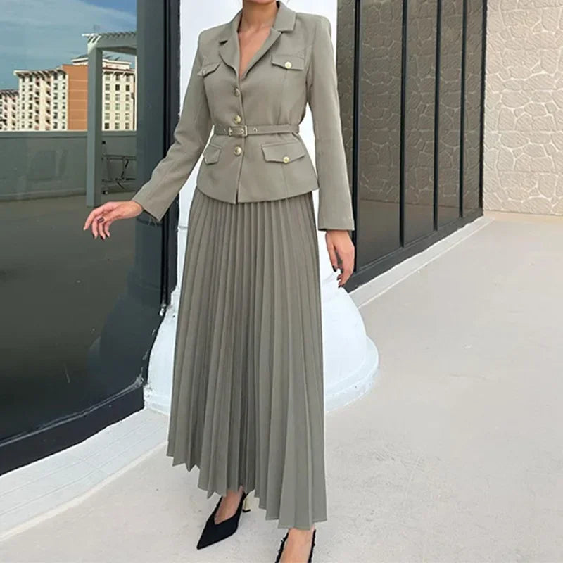 Maxy Women's Two Pieces Set Blazer Lady Pleated Long Dress Spring New in Matching Sets Button Temperament Elegant Women's Sets