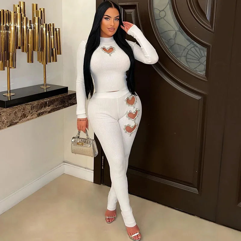 Amay Diamonds Loving Heart Hollow Out 2 Piece Sets Women Outfit Clubwear Knitted Fabric Skinny Top and Pants Suit Matching Sets
