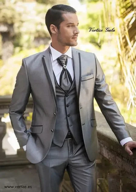 Visco 2024 Elegant Men's Suits Grey Balzer Costume Homme Notch Lapel Single Breasted Skinny Terno Wedding 3 Piece Jacket Pants Vest