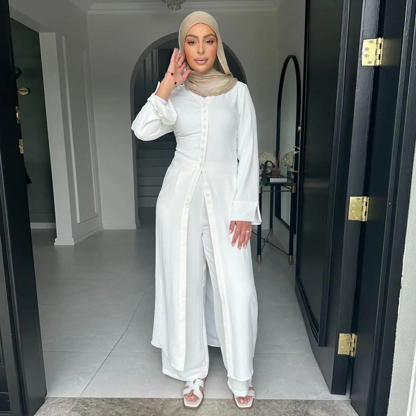 Maxy 2PCS Muslim Women Button Long Sleeve Tops Dress Pants Set Dubai Abaya Turkey Kaftan Arabic Outfits Eid Ramadan Islam Clothing