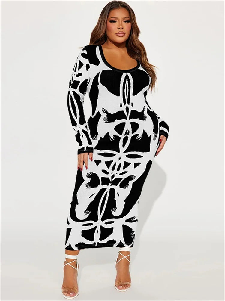 Wmstar Plus Size Dresses for Women Long Sleeve Printed Long Dress Bodycon Strech Fashion New in Summer Wholesale Dropshipping