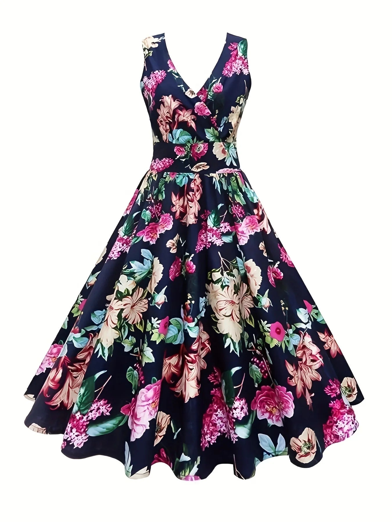 Maxy Plus-size floral print waist dress elegant sleeveless V-neck dress suitable for spring and summer party travel dating