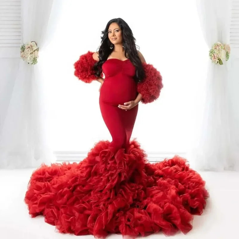 Maxy Hot Maternity Dresses Photoshoot Tulle Maxy Gown Baby Shower Ruffles