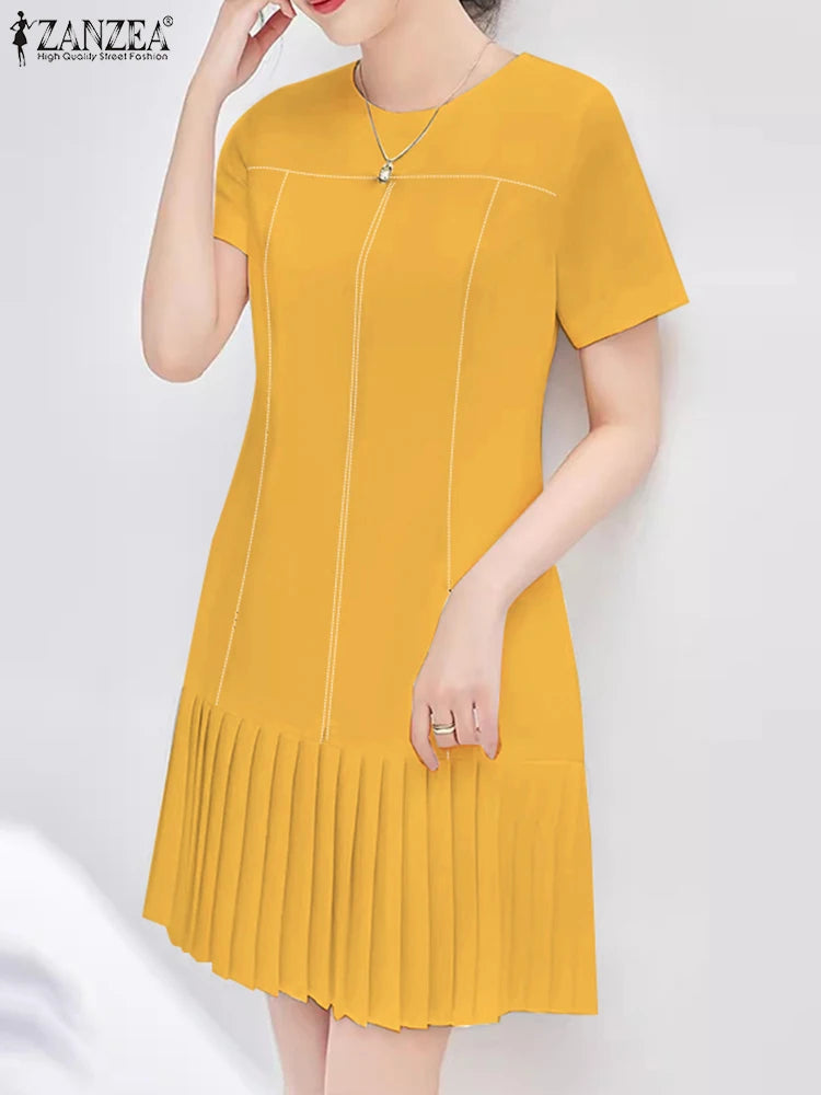 Maxy ZANZEA Women Holiday Solid Line Summer Mini Dress Fashion Short Sleeve Patchwork Sundress Casual Pleated Kaftan Dresses