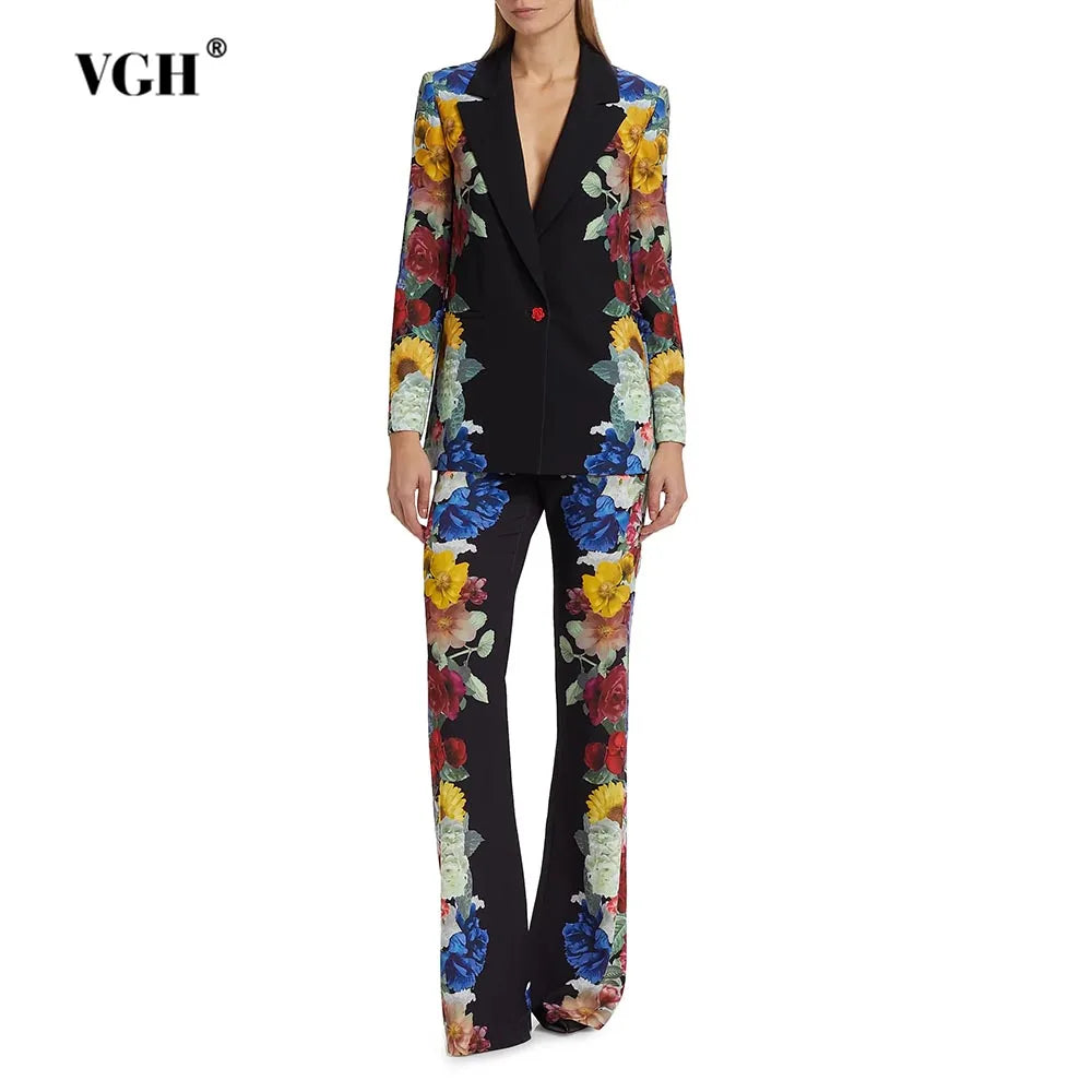 Maxy Formal Printing Two Piece Set for Women Lapel Long Sleeve Spliced Chic Botton Blazer High Waist Pant Suit Female Clothing