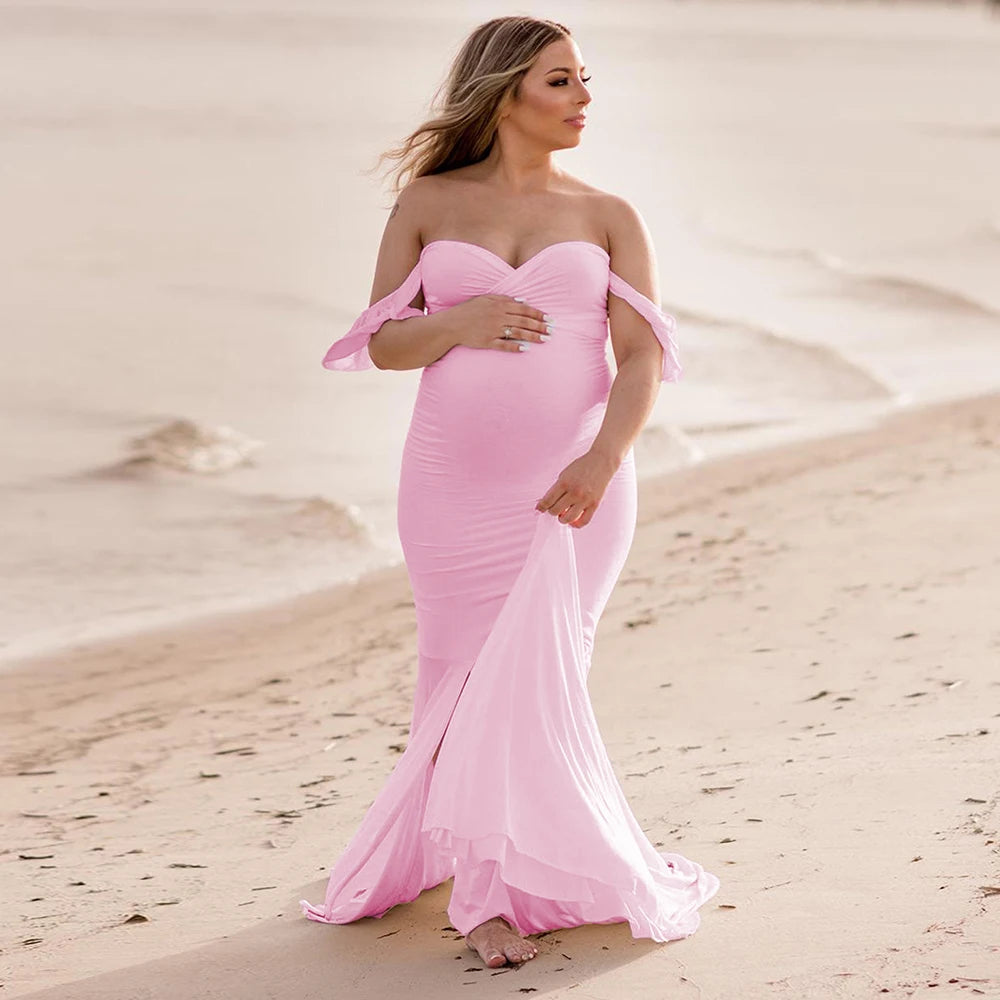Maxy Maternity Dress Photography Tube Top Ruffle Sleeve Slim Fishtail Bridesmaid Wedding Maxy Gown Pregnant Baby Shower Robe