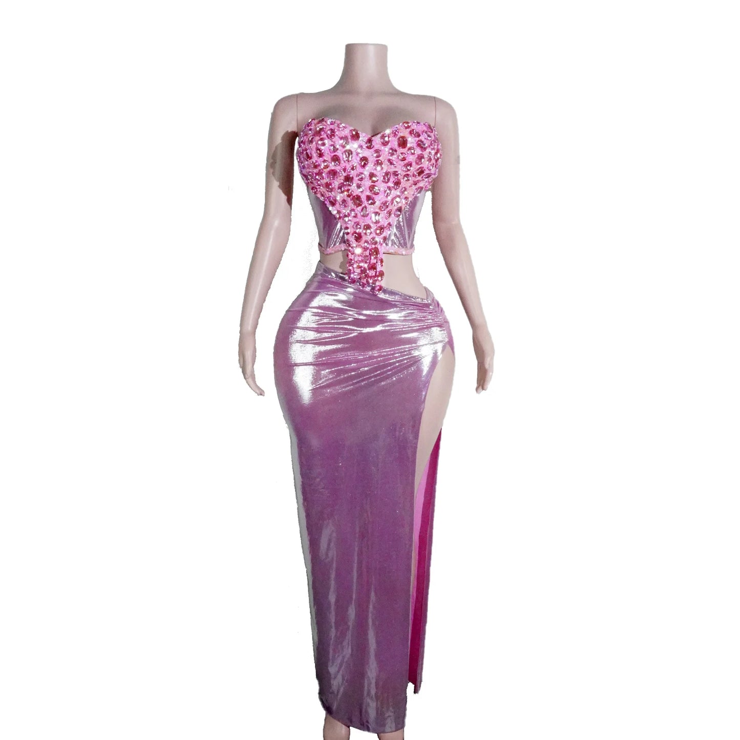 Sparkling Red Rhinestone High Slit 2PCS Long Dress Sequin Christmas Birthday Party Wedding Gown Nightclub Stage Wear Performance