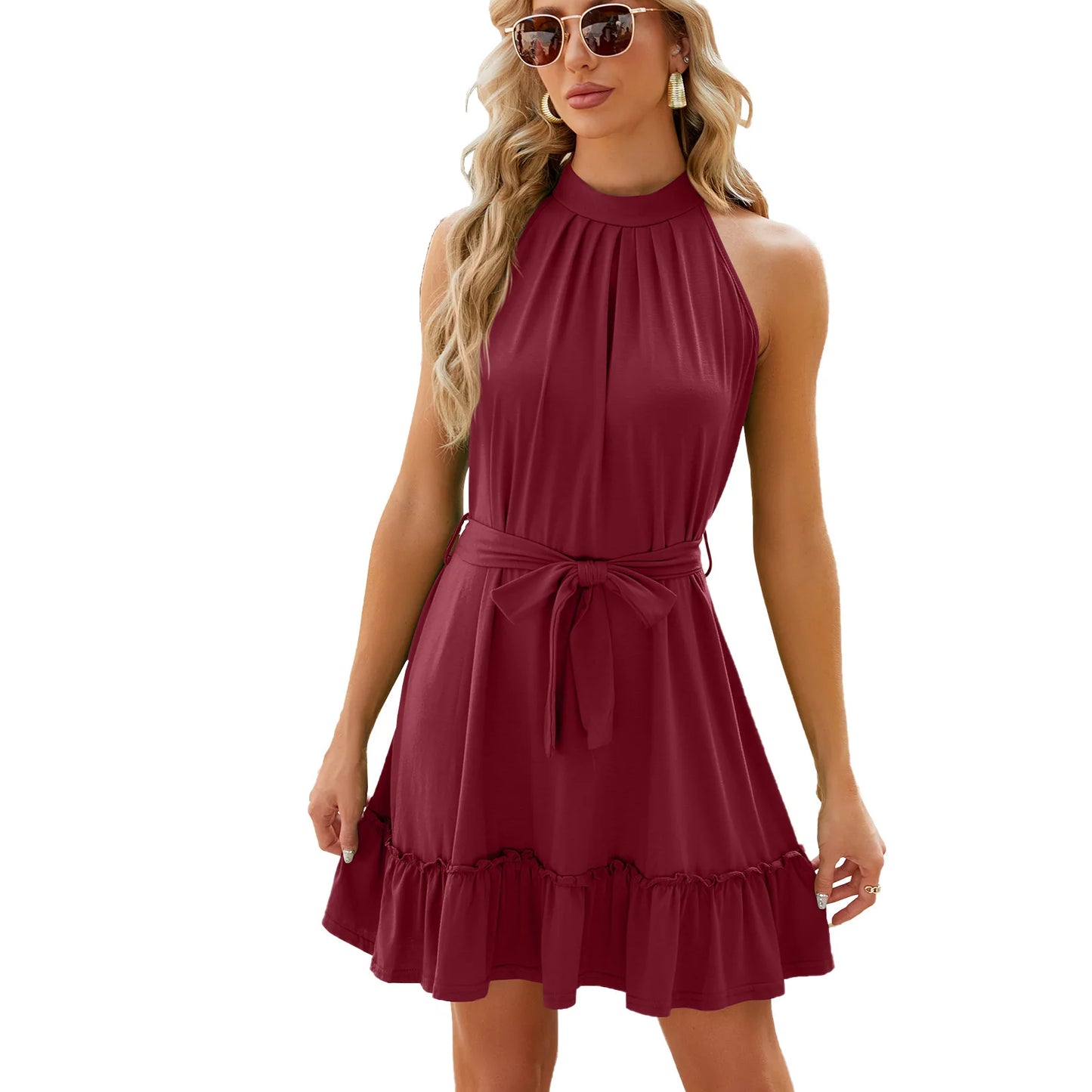 Amay Spring/Summer Fashion New Solid Color Round Neck Hanging Neck Strap Style Dress for Women