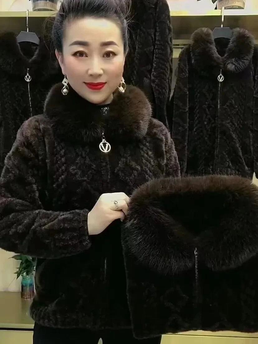 Maxy Mother Winter Jacket Thicken Imitation Mink Velvet Woolen Coat Fashion Fur Collar Large Size Zipper Knitted Cardigan Sweater 5XL