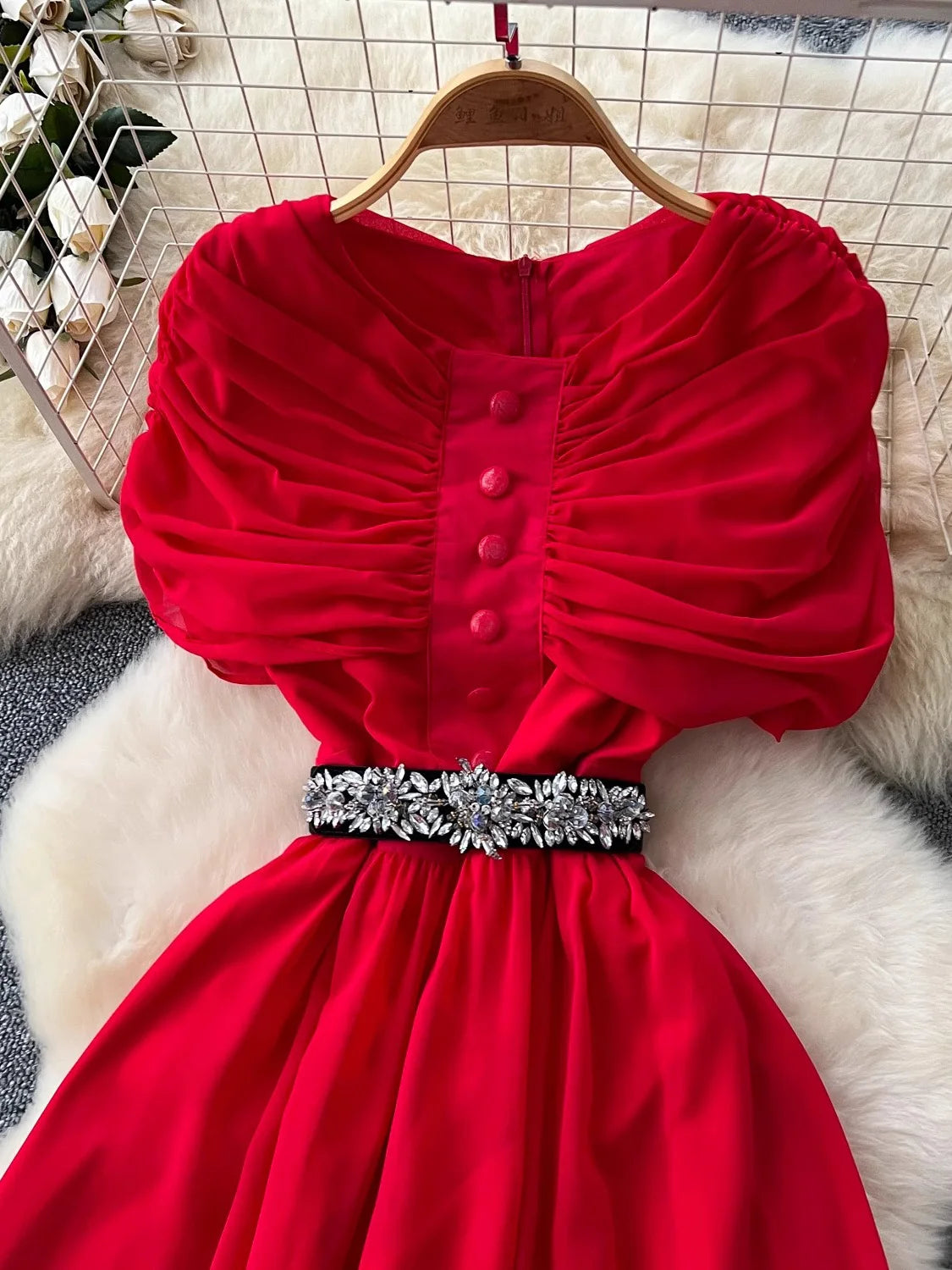 Maxy Spring Summer Women Red/Purple/Green Draped Chiffon Long Dress Vintage Round Neck High Waist A-Line Female Robe New