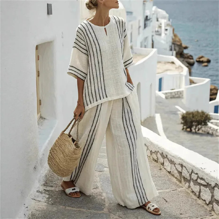Maxy Breathable Casual Set Striped Cotton Print Tee Set Comfortable Lightweight Wide leg Pants Set Summer Two Piece Relaxed Outfit