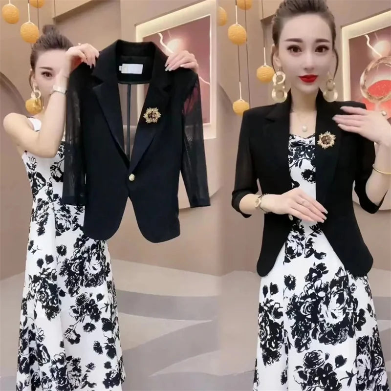 Maxy Popular High-End Brooch Blazer Slip Dress Suit Jacket Women's Summer Fashion Blazer Suit Skirt Two-Piece Set Sling Print Dress