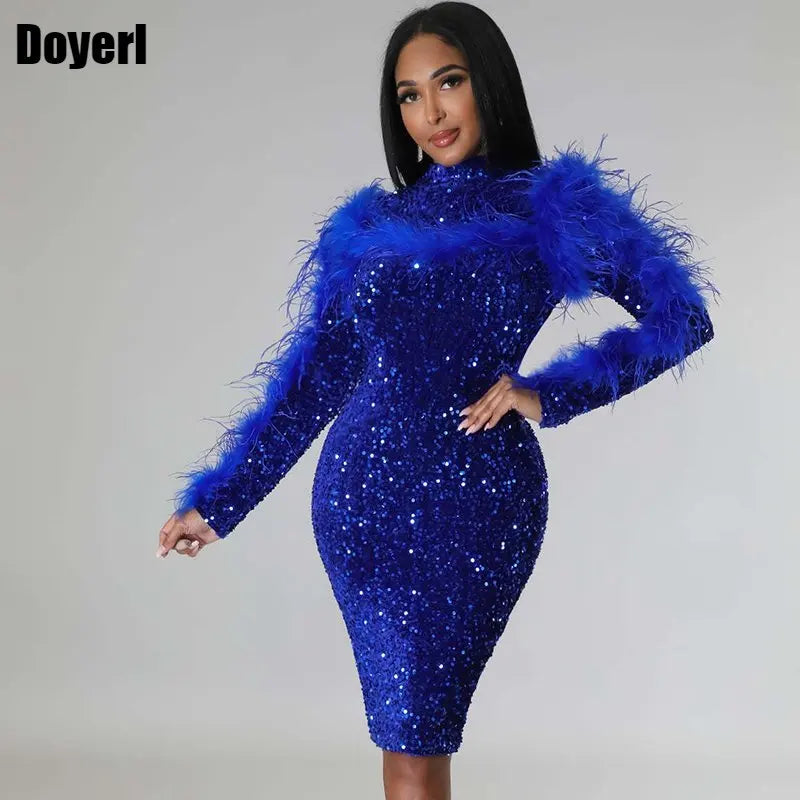 Maxy Royal Blue Sequin Dresses for Women Party Glitter Feather Winter Dinner Evening Dress Midi Backless Bodycon Club Birthday Dress