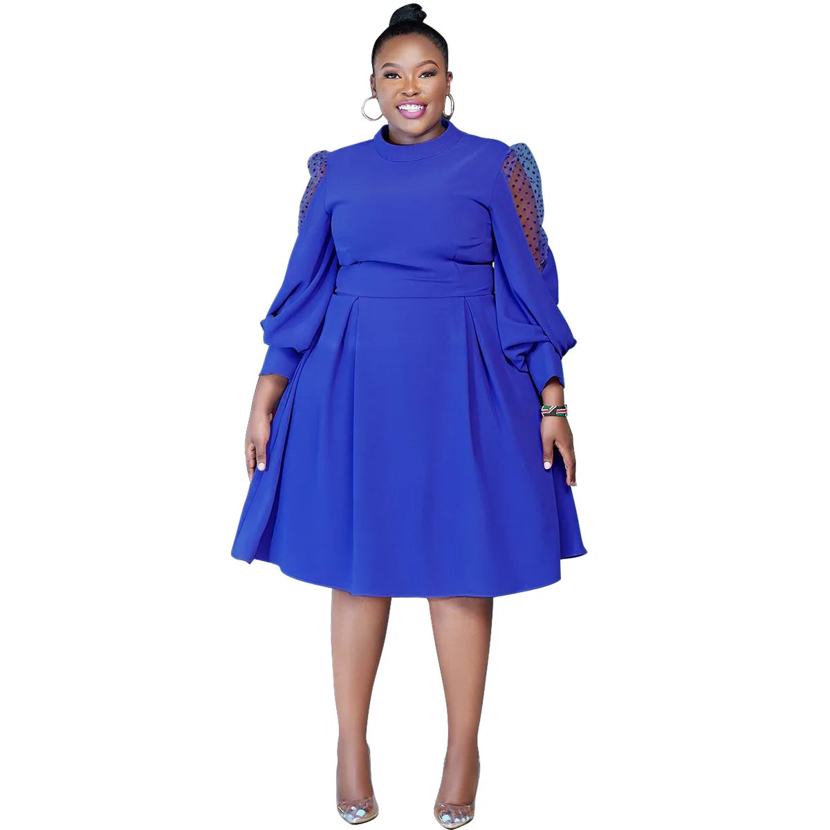 Maxy XL-5XL Plus Size Elegant Midi Dress Autumn Women Bohemian Dress Casual Long Sleeve Bandage Robe Blue Oversize Dress