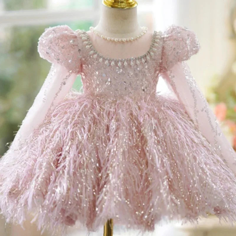 Maxy Fashion Baby Girl Princess Sequins Feather Dress Puffy Sleeve Toddler Child Pearl Vestido Party Birthday Baby Clothes 2-14Y