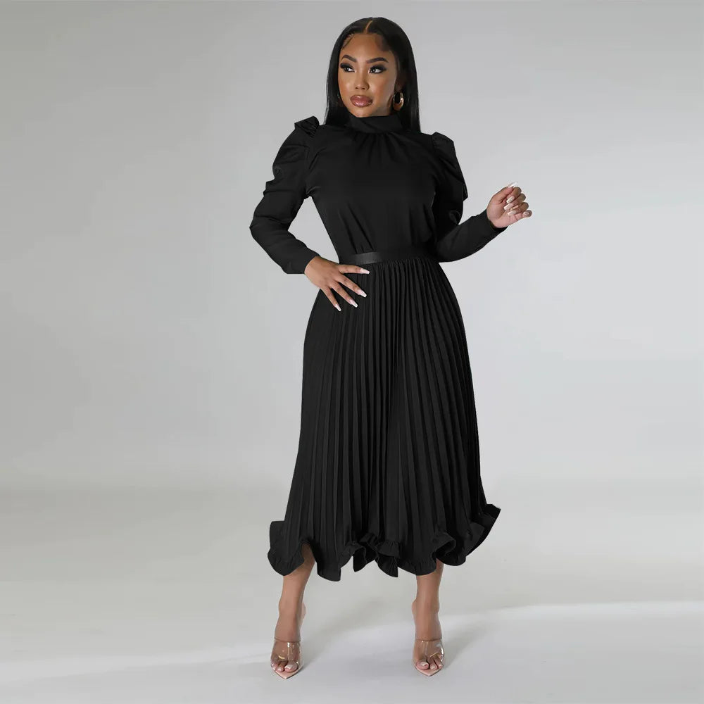 Babs High Neck Robe Two Piece Set Fashion Plus Size Pleated Evening Party Dress Women's Set Autumn New Solid Bubble Sleeve Top Ruffle