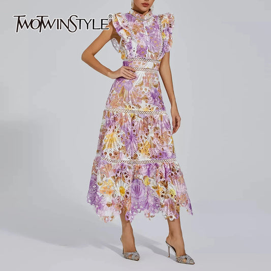 Maxy Colorblock Hollow Out Temperament Dress For Women Stand Collar Flying Sleeve High Waist Slim Dress Female Fashion