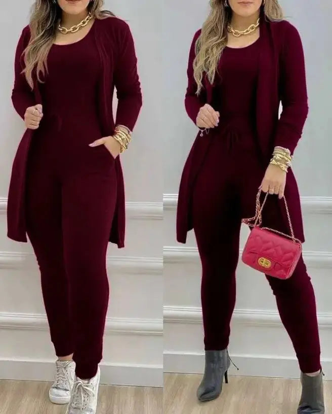 Maxy Womens Two Piece Sets Outfit Sleeveless Jumpsuit & Pocket Design Longline Coat 2023 Autumn Winter Spring New Fashion Casual