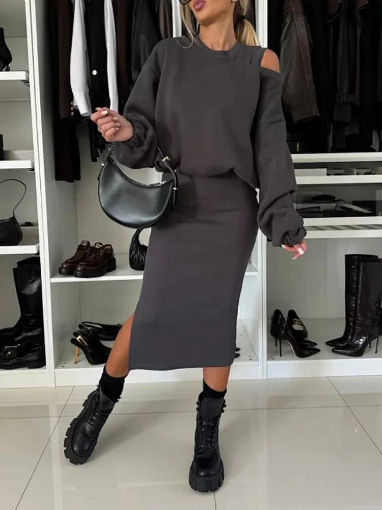 Maxy Elegant Female Solid Sweatshirt and Dress Suit Women Casual Loose Tops Dress Outfit Spring Ladies Round Neck Two Piece Suit