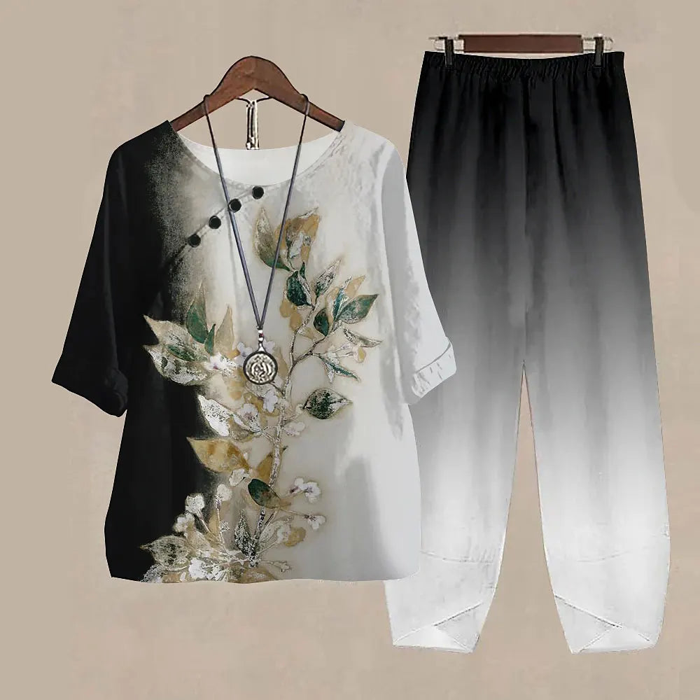 Maxy Leaf Printing Women O Neck Short Sleeve Suit Elegant High Waist Pants Fashion Top&Pants Set Casual Outfits Two Piece Sets Summer