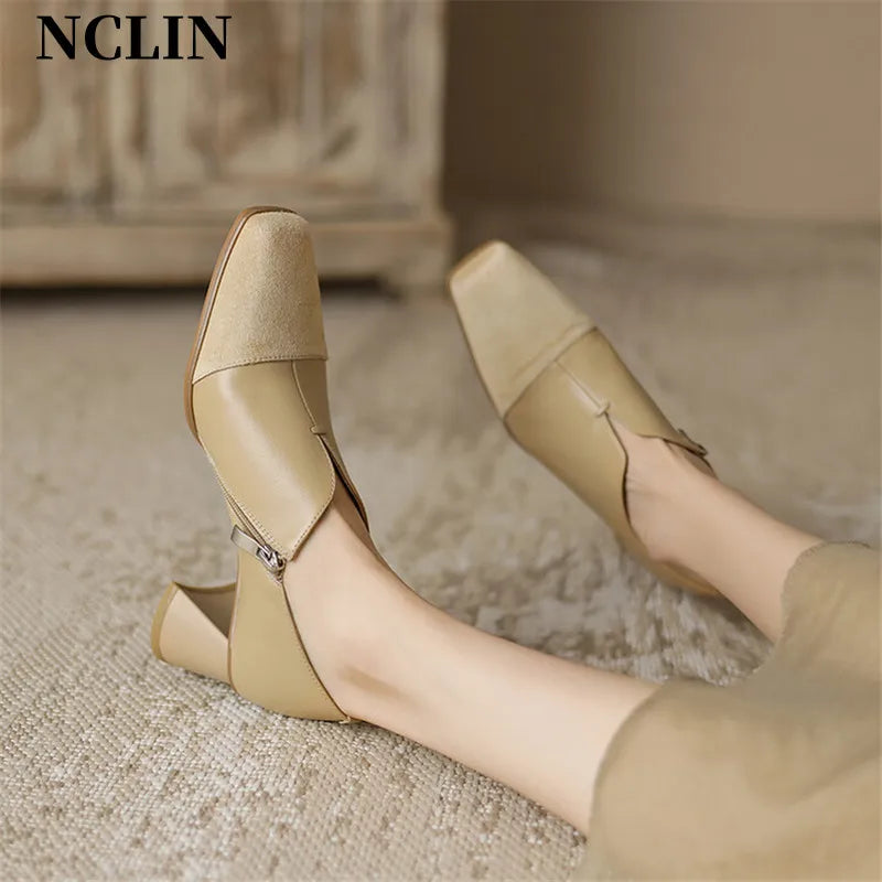 Maxy Autumn Genuine Leather Loafers French Square Toe Chunky Heel High Heels Winter Women Pumps Shoes For Women Zaptos Mujer
