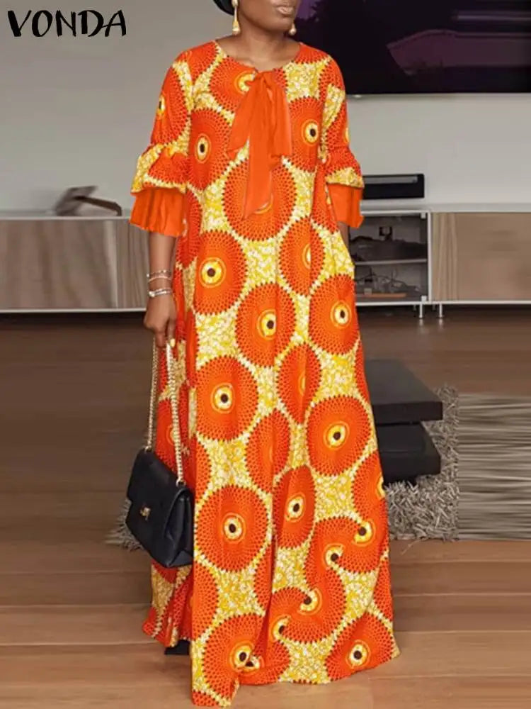 Maxy Plus Size 5XL Bohemian Women Printed Maxy Dress Elegant Vintage Sundress Casual Bow Flare Sleeve Long Shirt Vestidos