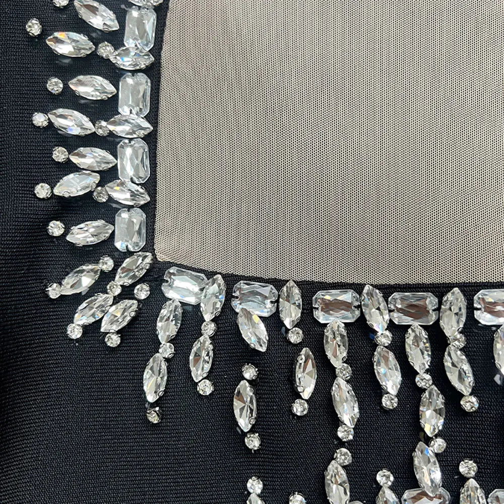 Amay Autumn Women Light Luxury Nail Bead Rhinestone Bandage Dress With Stand Up Collar Long Sleeved Hollow Bodycon Long Dress