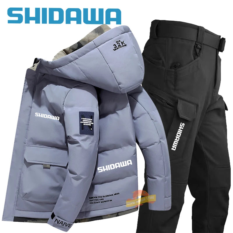 Maxy New Fishing Suit Men Winter Down Clothing Windproof and Coldproof Mountain Climbing Jacket + Waterproof Warm Pants Two-piece Set