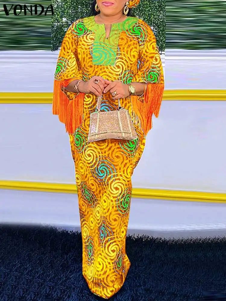 Amay Plus Size 5XL VONDA Women Bohemian Maxy Dress Fashion Printed 3/4 Sleeve Sundress Casual V-Neck Loose Vintage dress