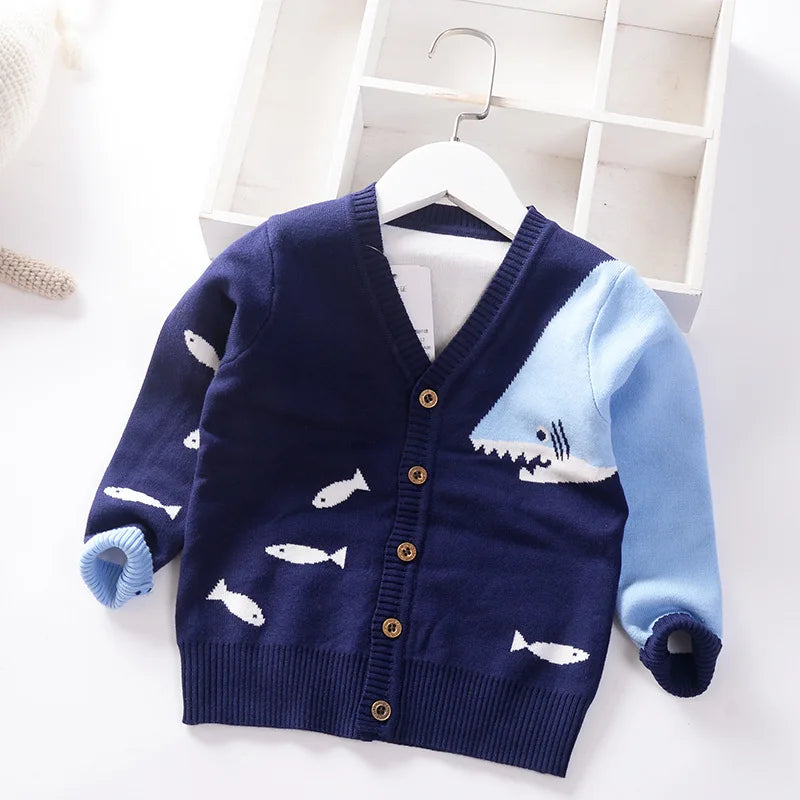 Babs Boys Sweater Cardigan Coat 2024 Autumn Winter Children's Sweaters Kids Knit Clothes Cartoon Whale V-Neck Toddler Sweaters