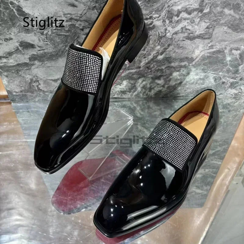 Visco Rhinestone Men's Bright Leather Dress Shoes Black Square Toe Business Office Wedding Shoes Slip On Loafers Luxury Mlae Shoes