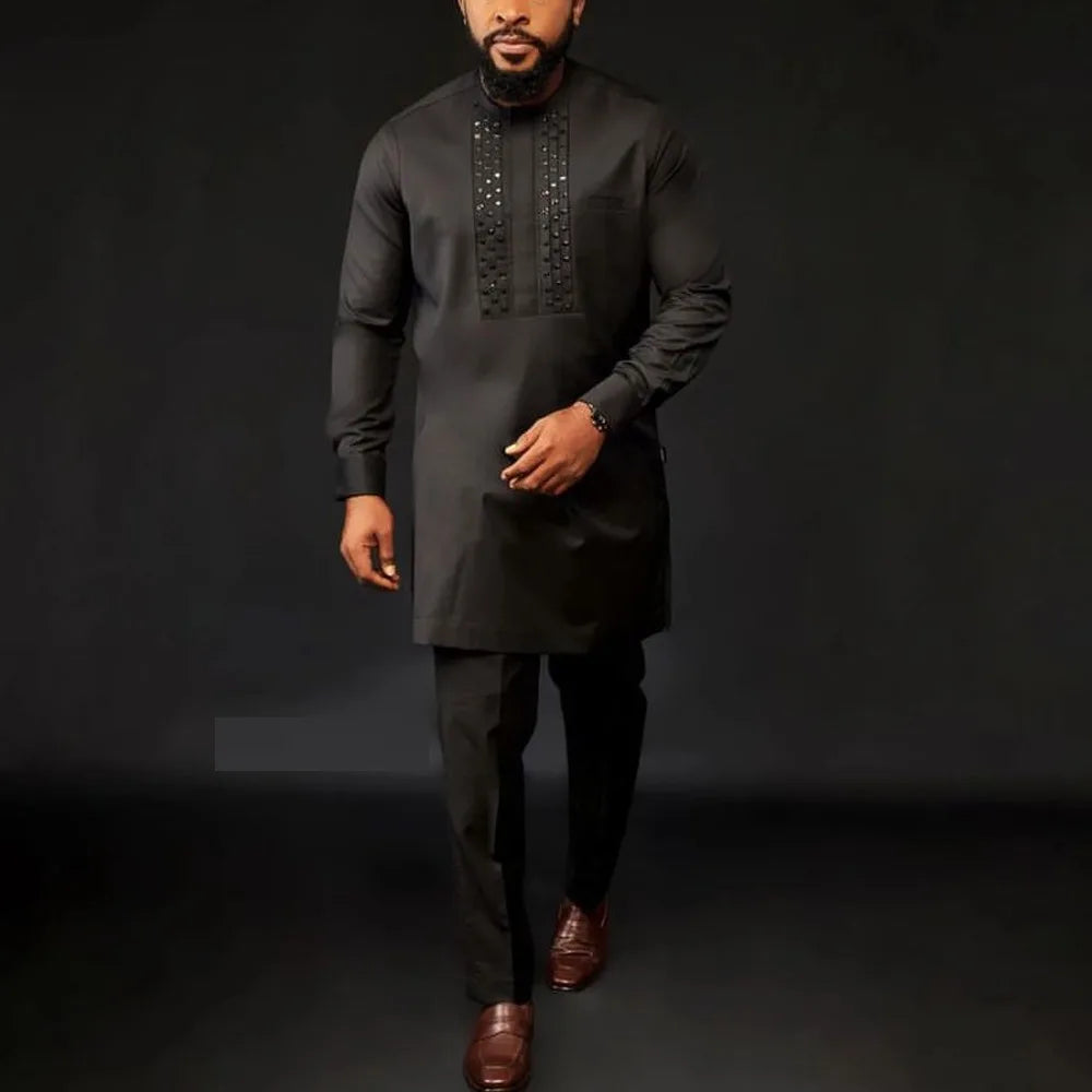 Amay Men Two Piece Outfit Set Long Sleeve Solid Color Panel Top and Pants Festival Party Set Ethnic Style Men's Suit