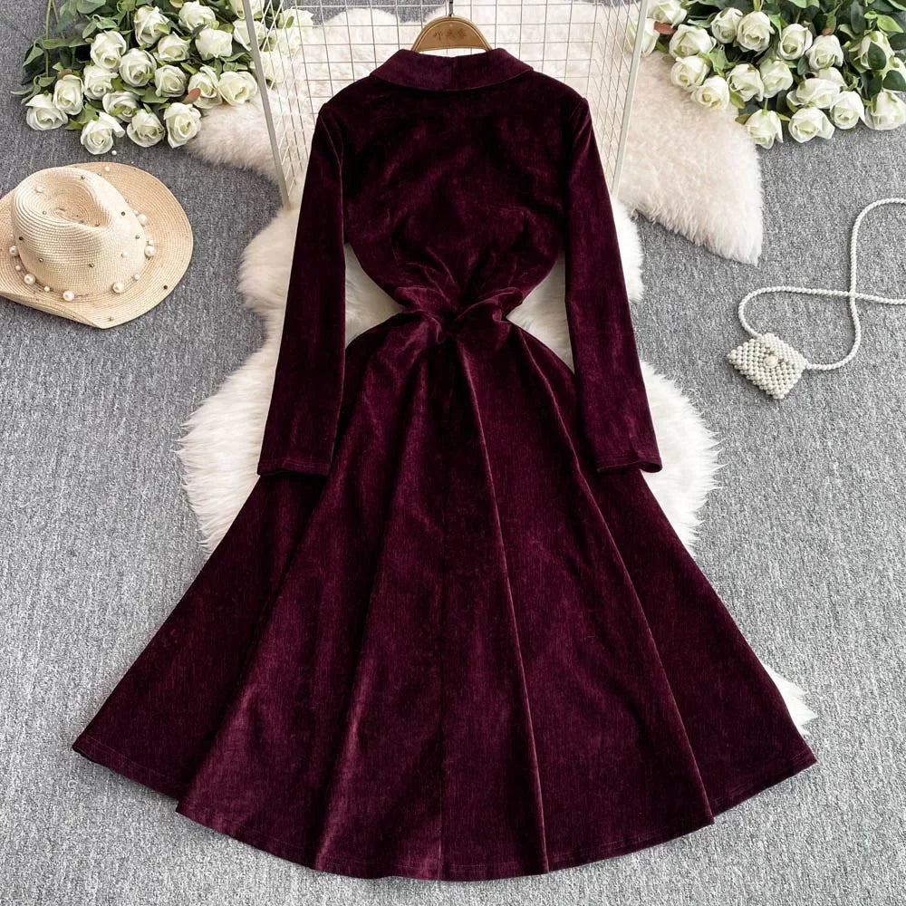 Maxy Elegant Long Sleeves Vintage V-neck Chic Brooch Slim Velvet A-line Long Dresses Evening Party High Street Autumn Winter Clothing