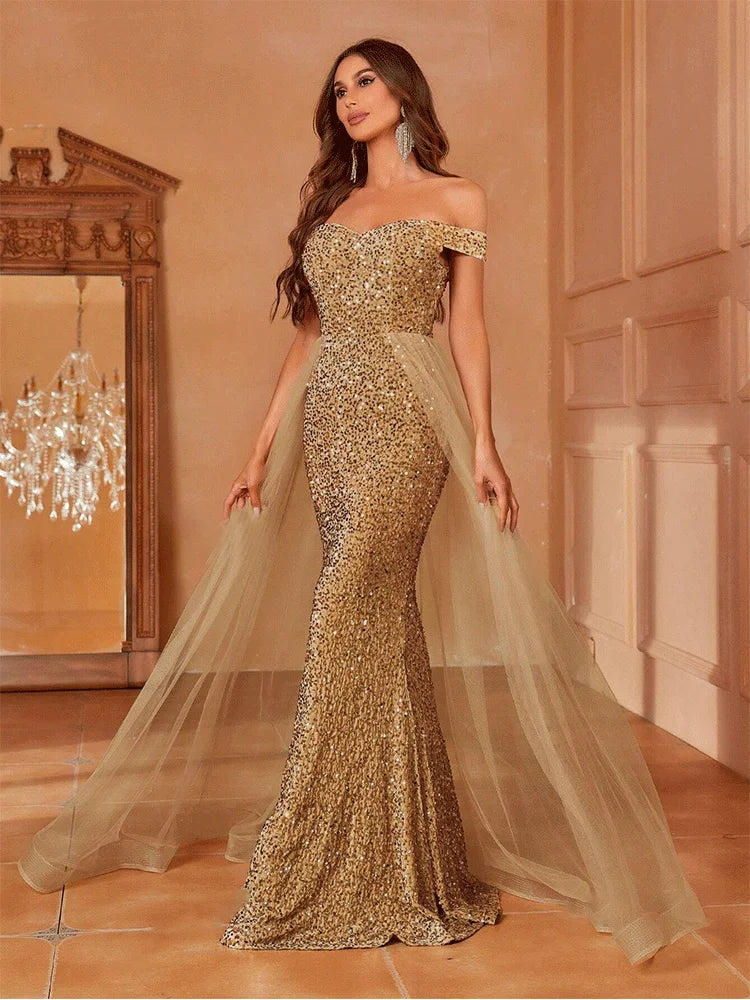 Babs Off-The-Shoulder Luxury Sequined Mesh Floor-Length Evening Gown Luxury Wedding Banquet Women's Shiny Prom Gown