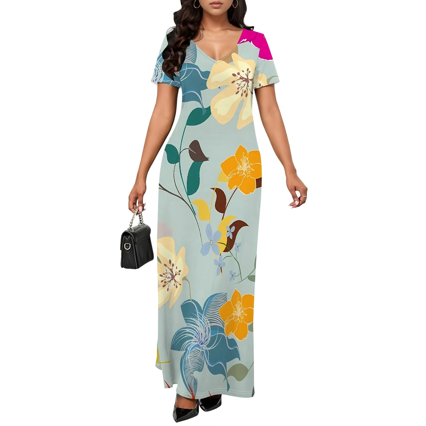 Maxy Women's Multicolor Floral Print Maxy Short Sleeve V Neck Long Dress Casual Summer Beach Holiday Wear