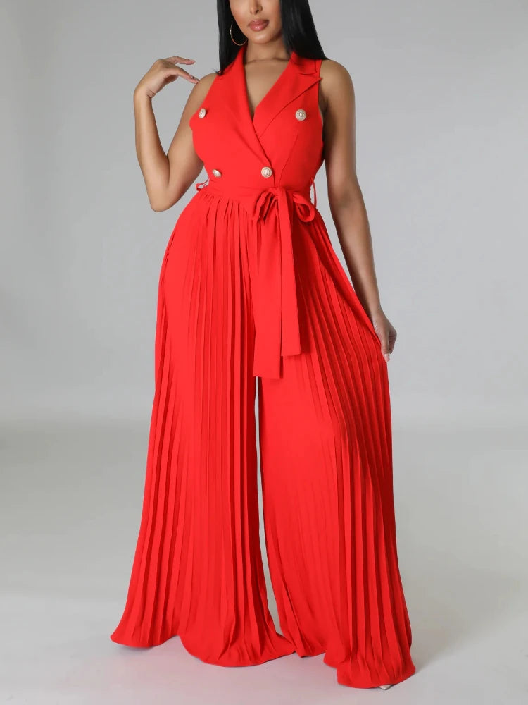 Babs Sleeveless Jumpsuits for Women Casual Pleated Wide Leg Pants Belt Button Down Notched Lapel Back Out Summer One Piece Outfits