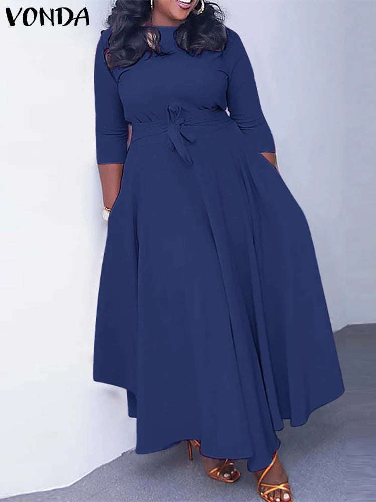 Maxy Plus Size 5XL Women Long Sleeve Elegant Dress Round Neck Solid Color A Line Belt Lace Up Party Evening Robe Femme